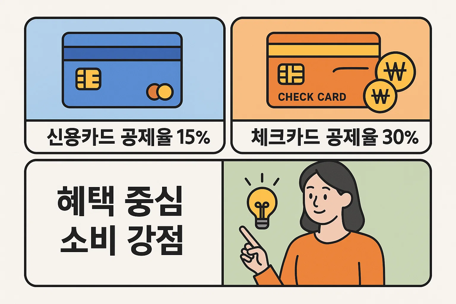 2025년 연말정산에서 신용카드 15%, 체크카드 30% 공제율을 중심으로 혜택 중심 소비 전략과 절세 포인트를 안내하는 비교 인포그래픽입니다.