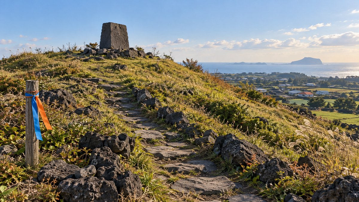 Illustration of a grassy hillside path with basalt stones and an Olle ribbon post near the start of Jeju Olle Trail Route 19, AI-generated and not the actual site