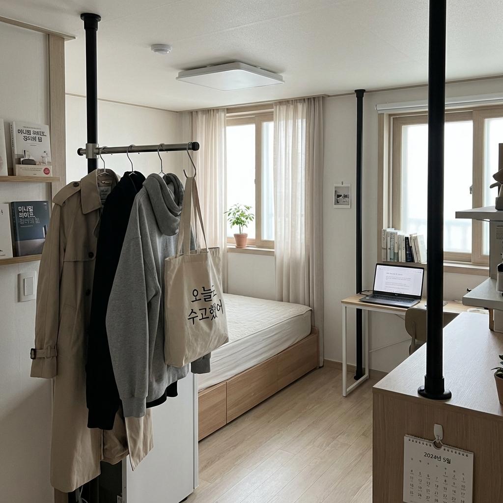 좁은 원룸 수납 공간 만드는 다이소 압축봉 활용법