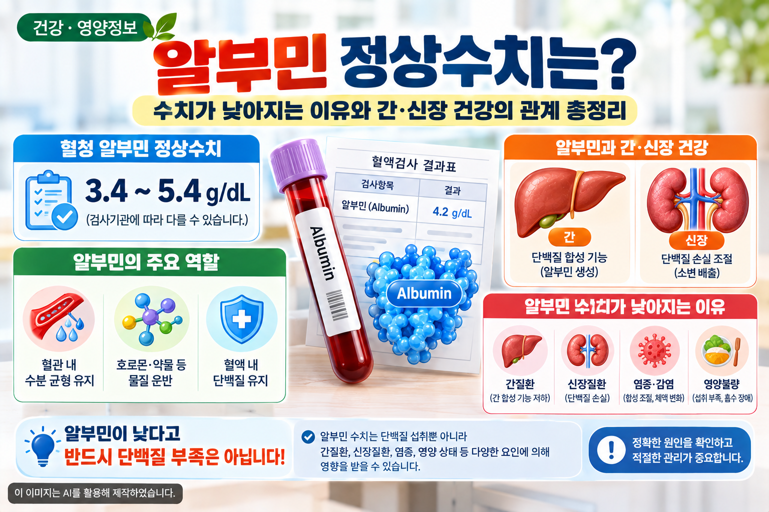 알부민 정상수치 3.4~5.4g/dL와 알부민의 주요 역할, 수치가 낮아지는 원인인 간질환·신장질환·염증·영양불량 및 간·신장 건강의 관계를 정리한 이미지