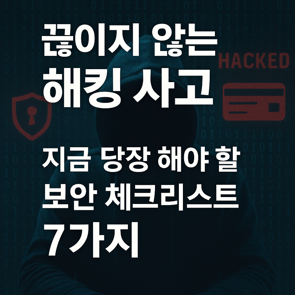 후드티를 쓴 해커 이미지 위에 해킹 사고와 보안 체크리스트 문구가 적힌 썸네일