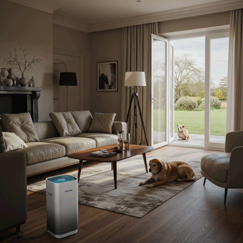 공기청정기가 있는 거실과 강아지들
