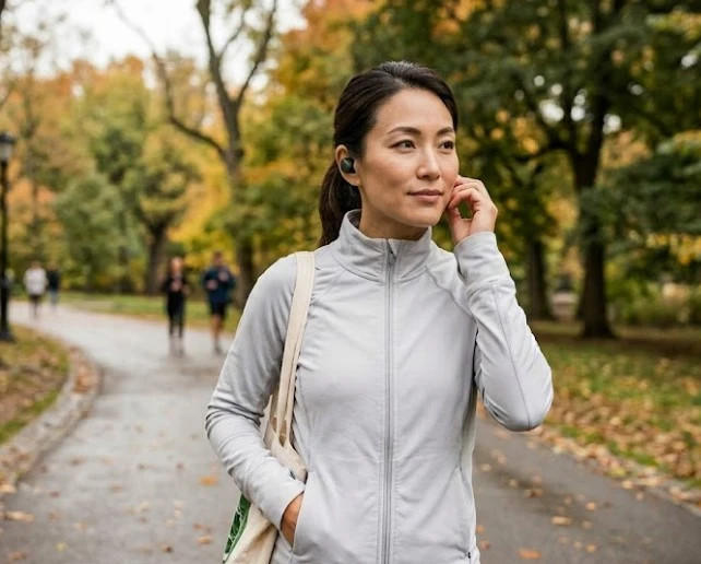 낙엽이 지는 공원에서 가벼운 운동복 차림으로 이어폰을 끼고 오디오북을 들으며 산책하는 여성