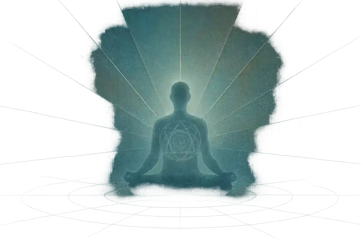 MBTI와 팔정도 수행법이 조화롭게 결합된 명상하는 사람의 실루엣 이미지