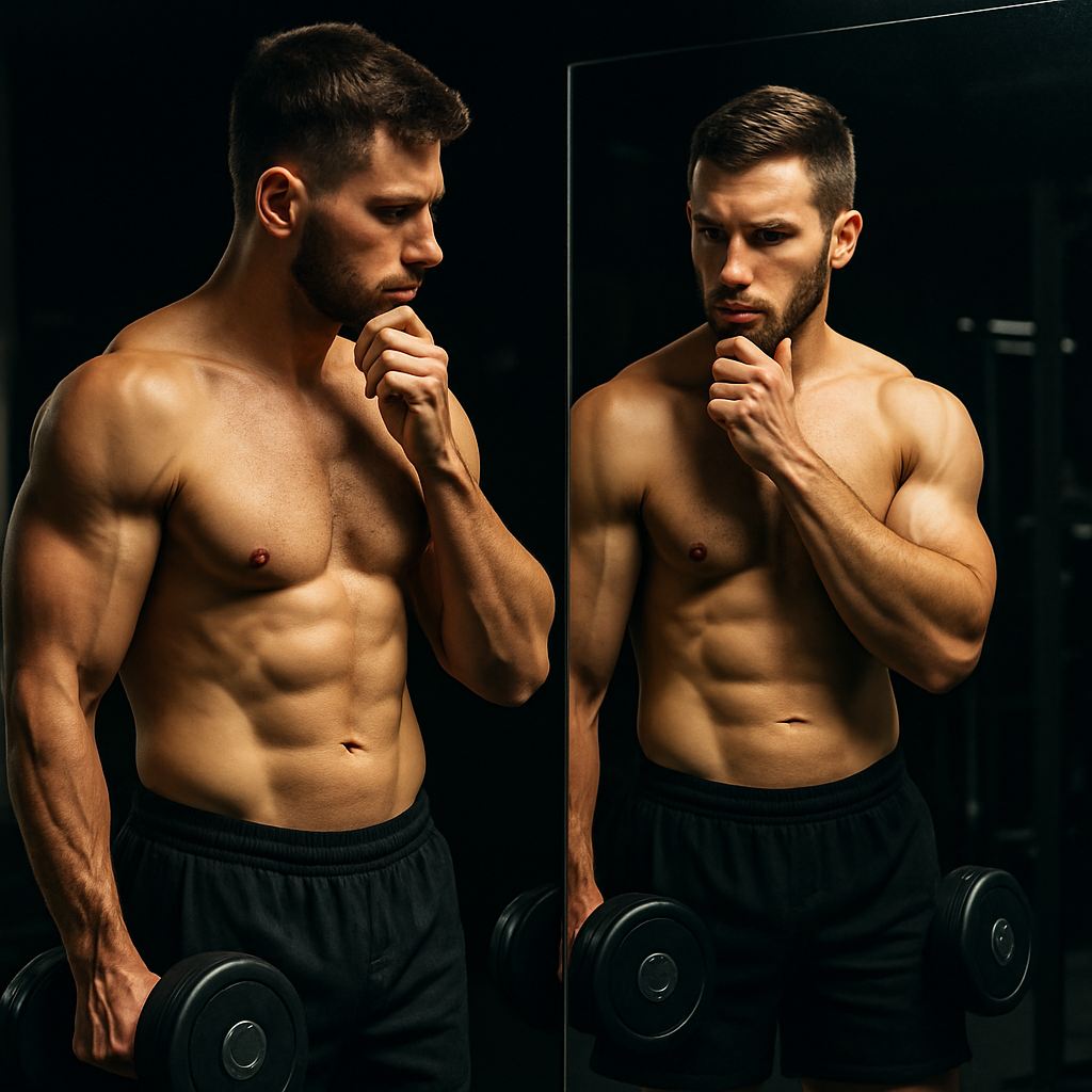 남성이 거울 앞에서 자신의 몸을 비교하며 고민하는 모습