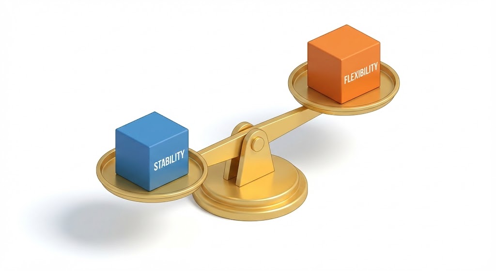 저울의 한쪽에는 '안정성(종신형)', 다른 쪽에는 '유연성(확정형)'이 놓여 비교되는 인포그래픽