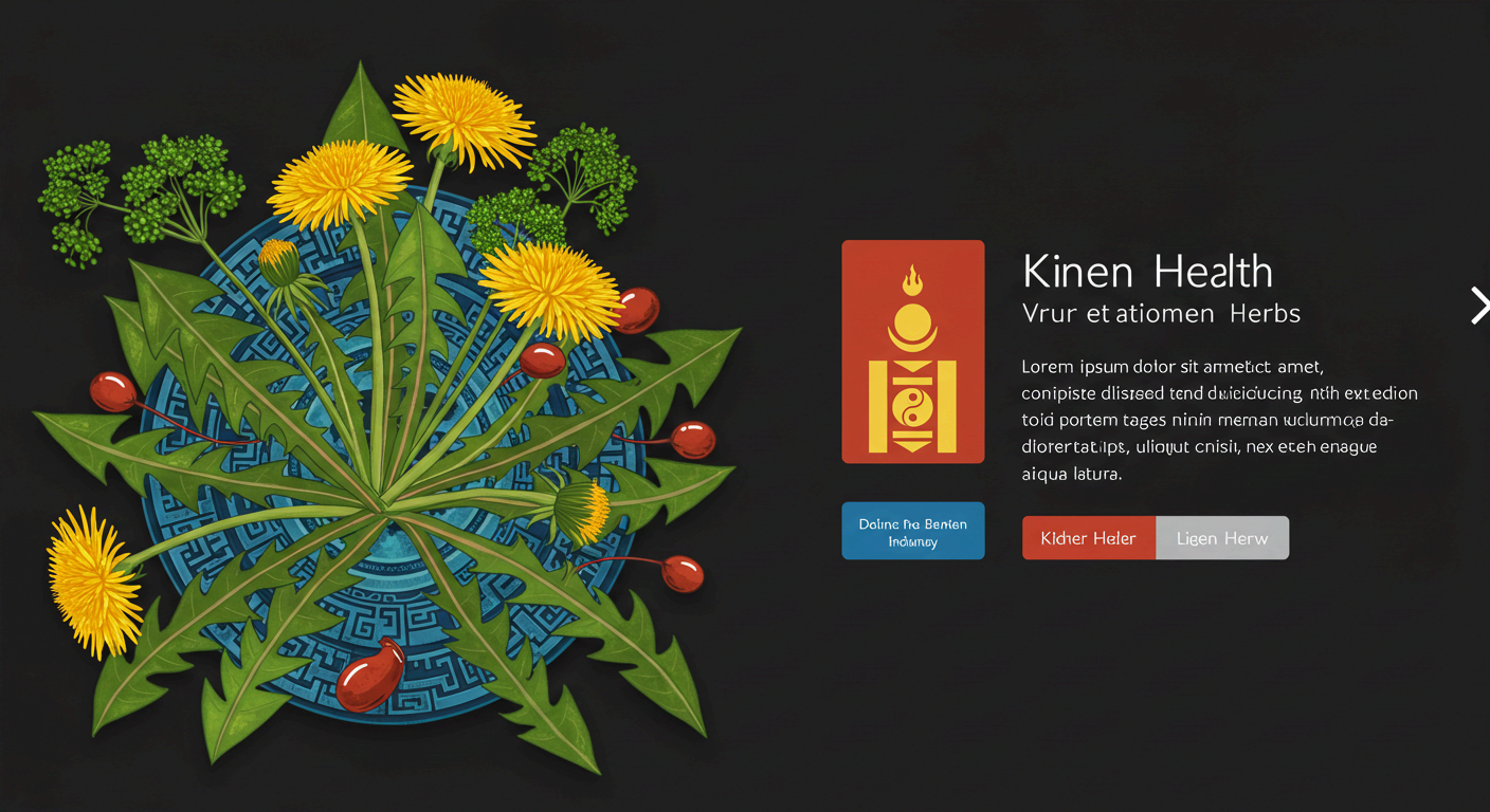 "신장 건강을 위한 허브와 몽골 전통 문양의 조화로운 일러스트. 중앙에는 노란 민들레 꽃과 잎이 원형으로 배치되어 있고, 주변에는 파슬리 잎과 붉은 베리들이 장식되어 있다. 배경에는 파란색 몽골식 문양이 그려져 있으며, 오른쪽에는 'Kinen Health'라는 제목과 몽골 전통 문양을 담은 붉은색 아이콘이 있는 정보 패널이 보인다. 자연 요법과 전통 지혜를 통한 건강 관리를 상징한다."
