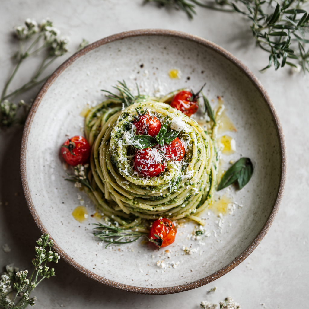 바질페스토 파스타 위에 치즈와 방울토마토로 마무리한 완성 요리