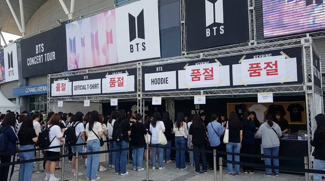 방탄소년단 고양 아레나 현장에서 판매되는 공식 티셔츠, 후드, 키링 등 주요 품목의 품절 표시