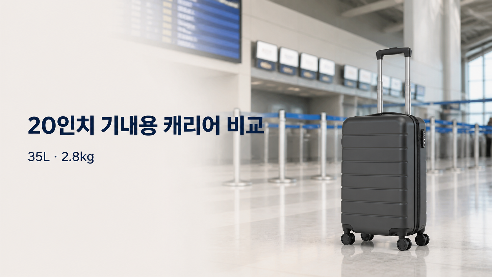 공항 출국장에 놓인 실버색 25인치 하드 캐리어와 구매 확인 문구