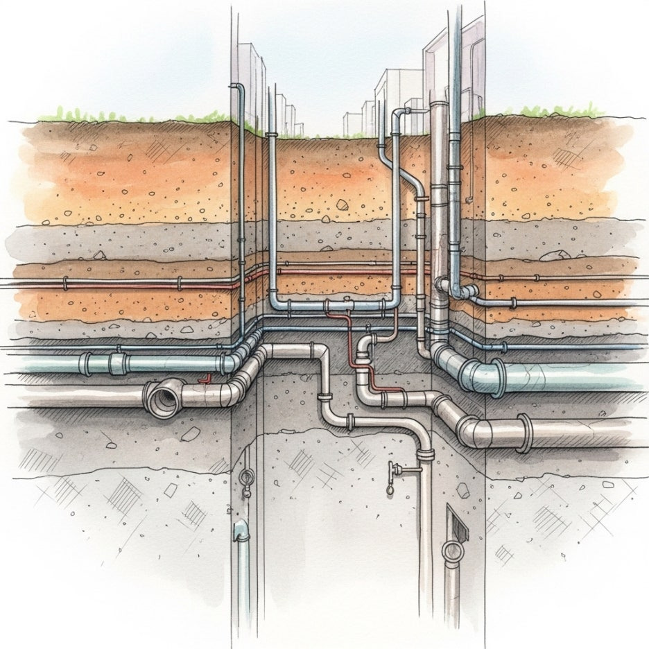 도시 지표면 아래의 흙과 관로를 표현한 수채화