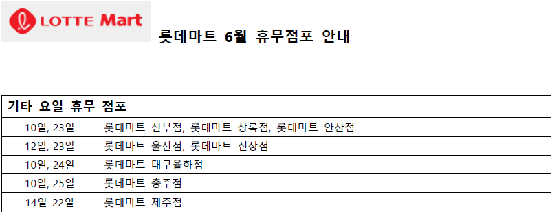 6월 롯데마트 휴무일 - 기타요일