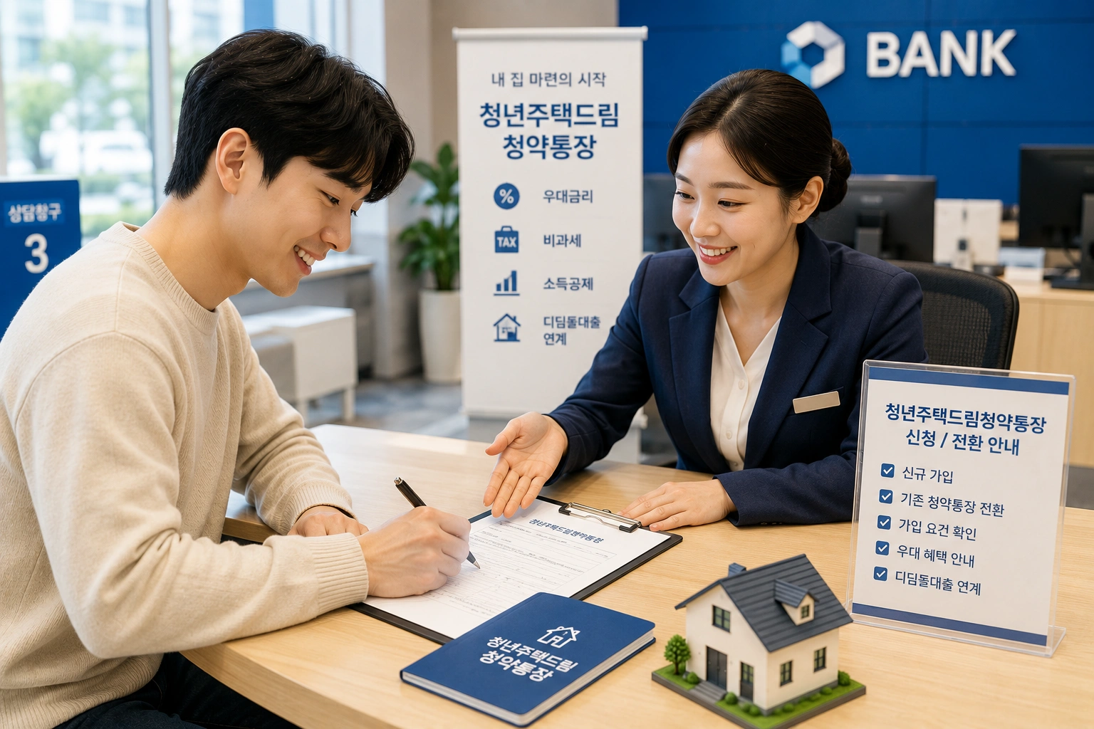 청년주택드림청약통장 신규 가입과 기존 청약통장 전환을 위해 은행에서 상담을 받고 신청서를 작성하는 한국인 청년의 모습