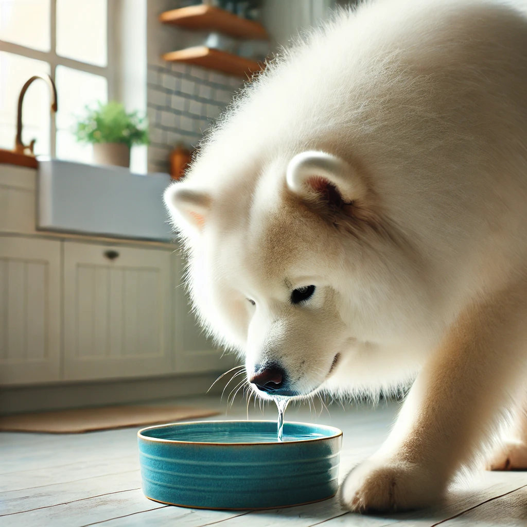 부드러운 흰 털의 사모예드가 푸른 도자기 그릇으로 물을 마시는 모습, 밝은 주방 배경