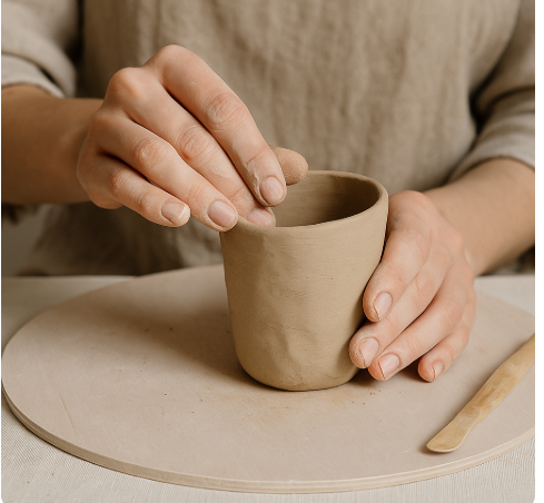 핸드 빌딩 기법으로 도자기 컵을 만드는 장면