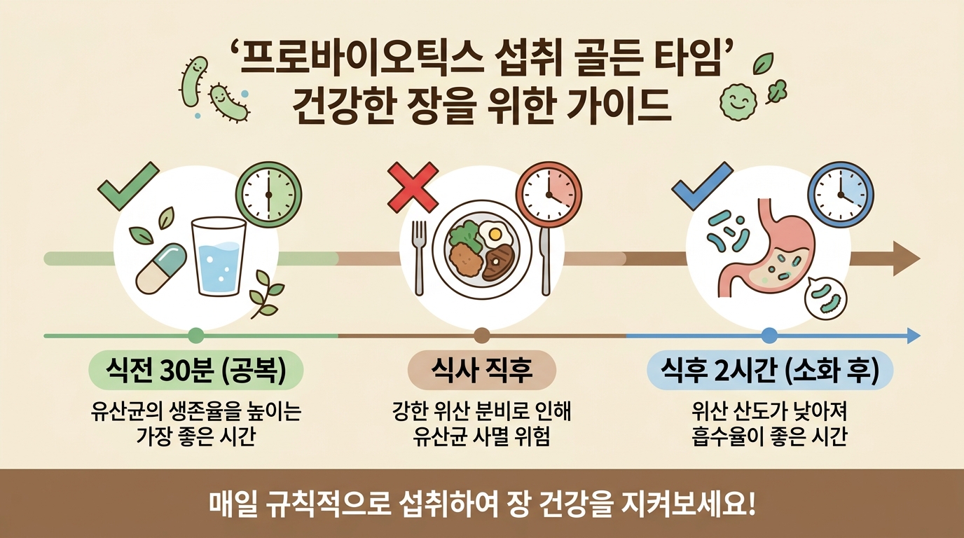유산균 올바른 복용 시간을 안내하는 인포그래픽, 식전 30분과 식후 2시간을 표시