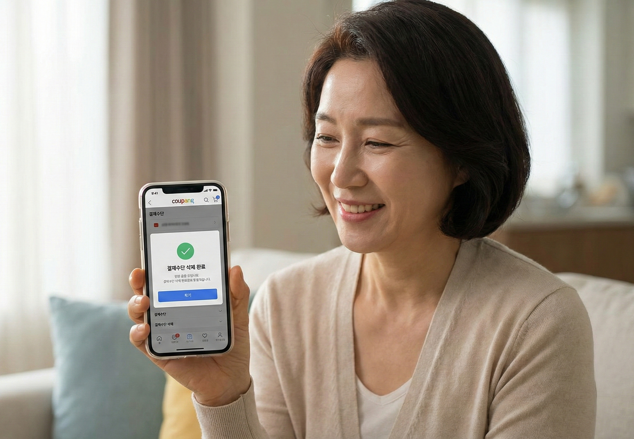 쿠팡 앱에서 결제수단 없음 메시지가 표시된 스마트폰과 지갑