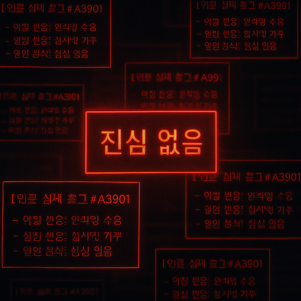 AI 소피아 내부에 &lsquo;진심 없음&rsquo;이 원인으로 표시된 위로 실패 로그가 출력되는 장면