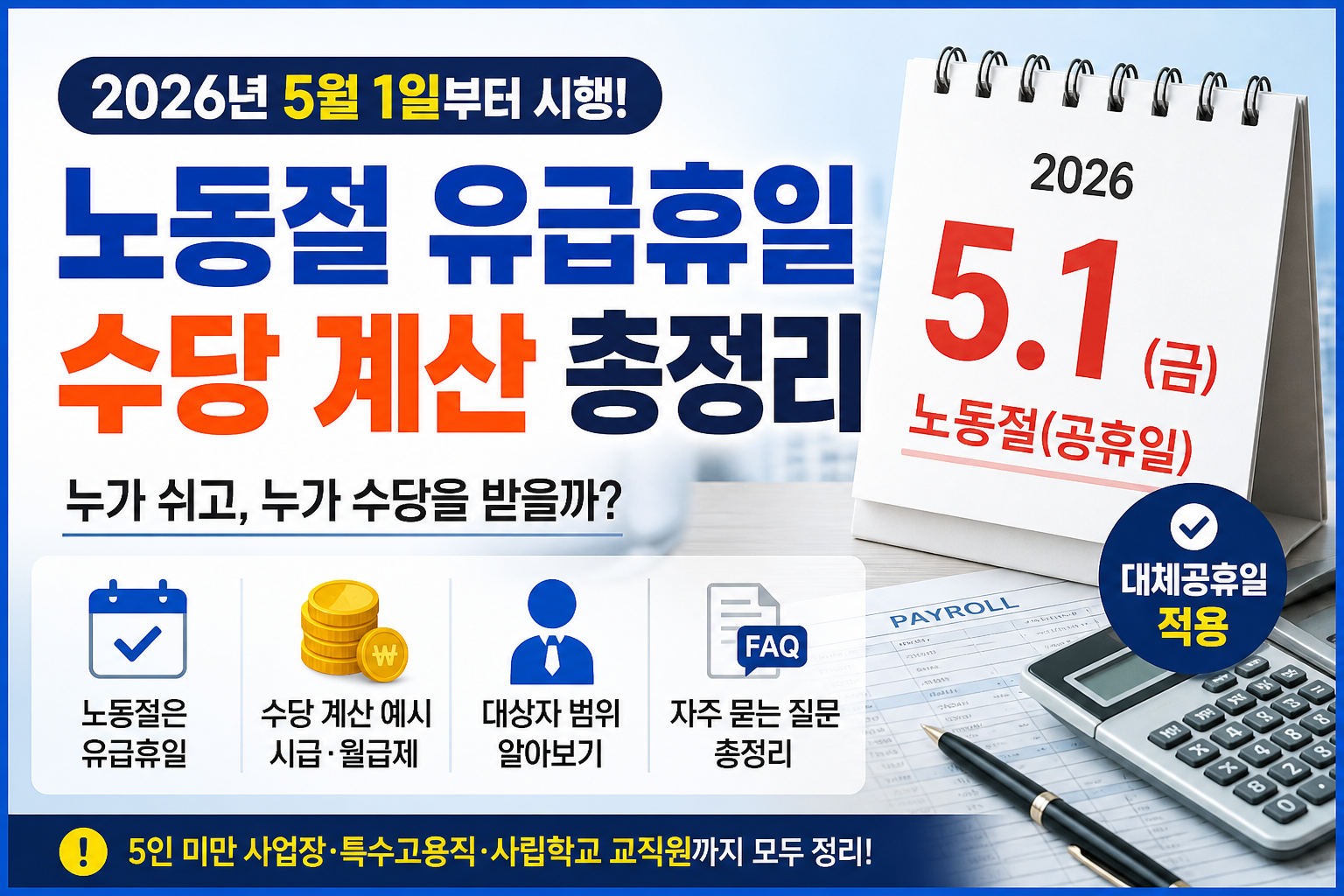2026년 5월 1일 노동절 공휴일 시행과 유급휴일 수당 계산법, 5인 미만 사업장 예외, 임금체불 신고 절차를 설명하는 썸네일 이미지