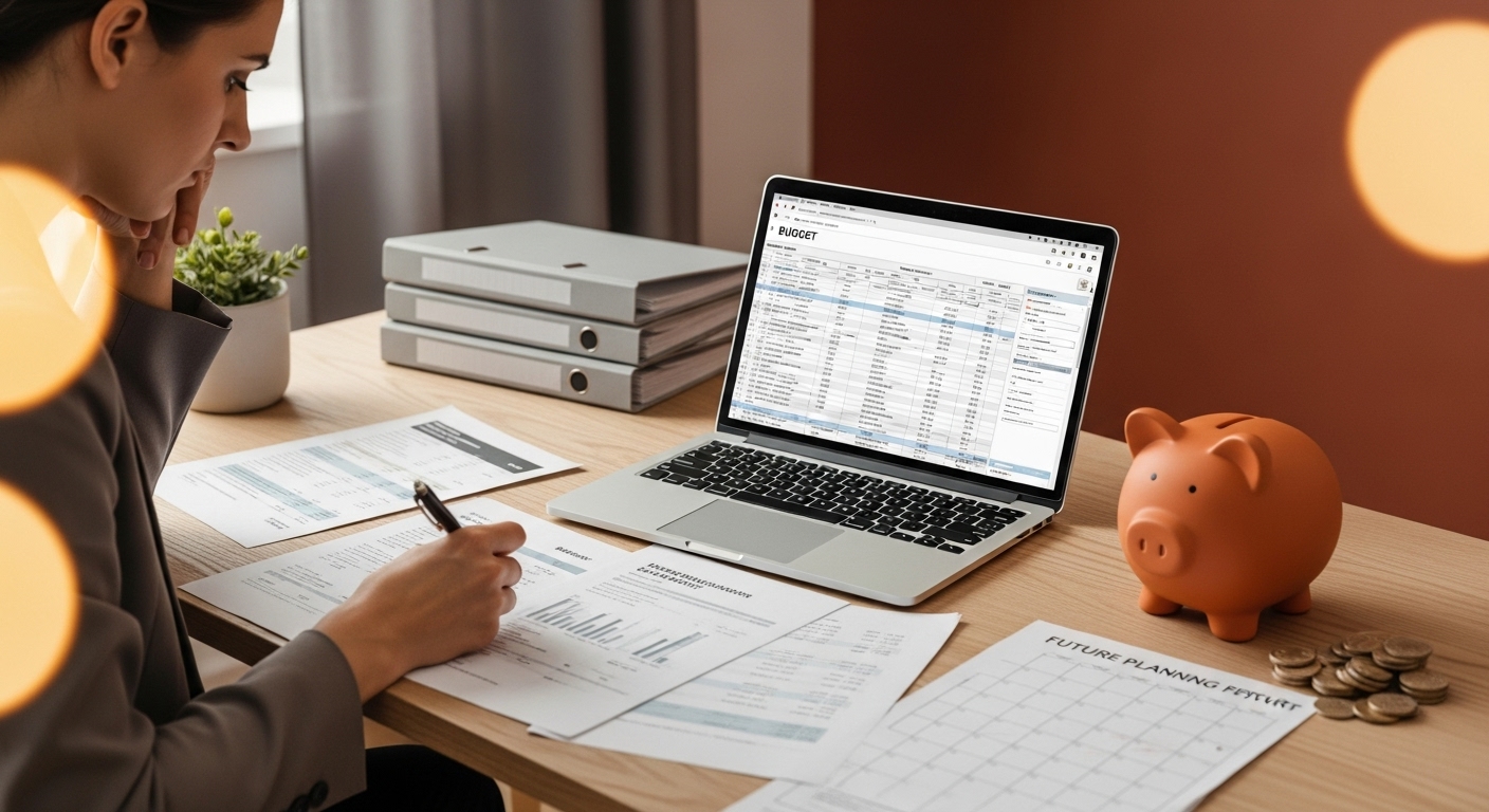 퇴사 후 재정 계획을 세우는 사람, 예산 스프레드시트와 저금통이 보이는 책상.