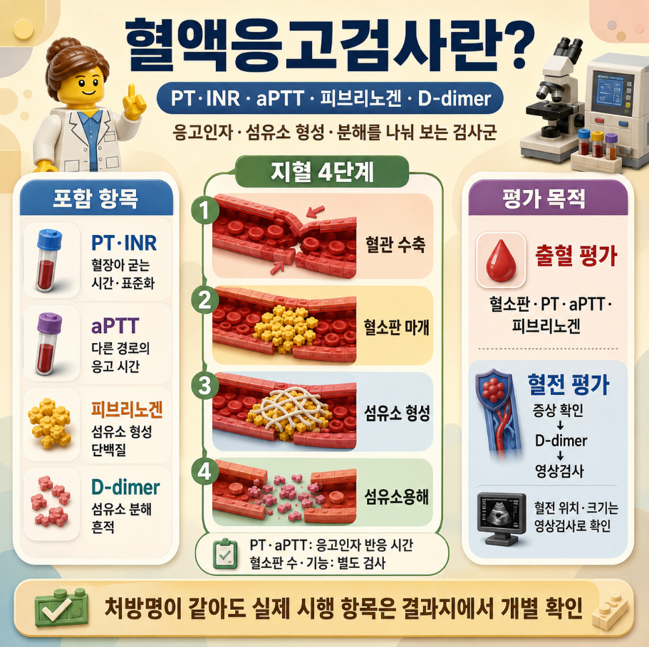 혈액응고검사의 정의와 지혈 4단계, PT·INR·aPTT·피브리노겐·D-dimer의 역할을 설명한 레고 스타일 메디컬 인포그래픽