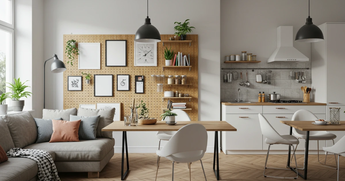 거실과 주방에서 타공판으로 꾸민 실용적이고 세련된 인테리어 공간