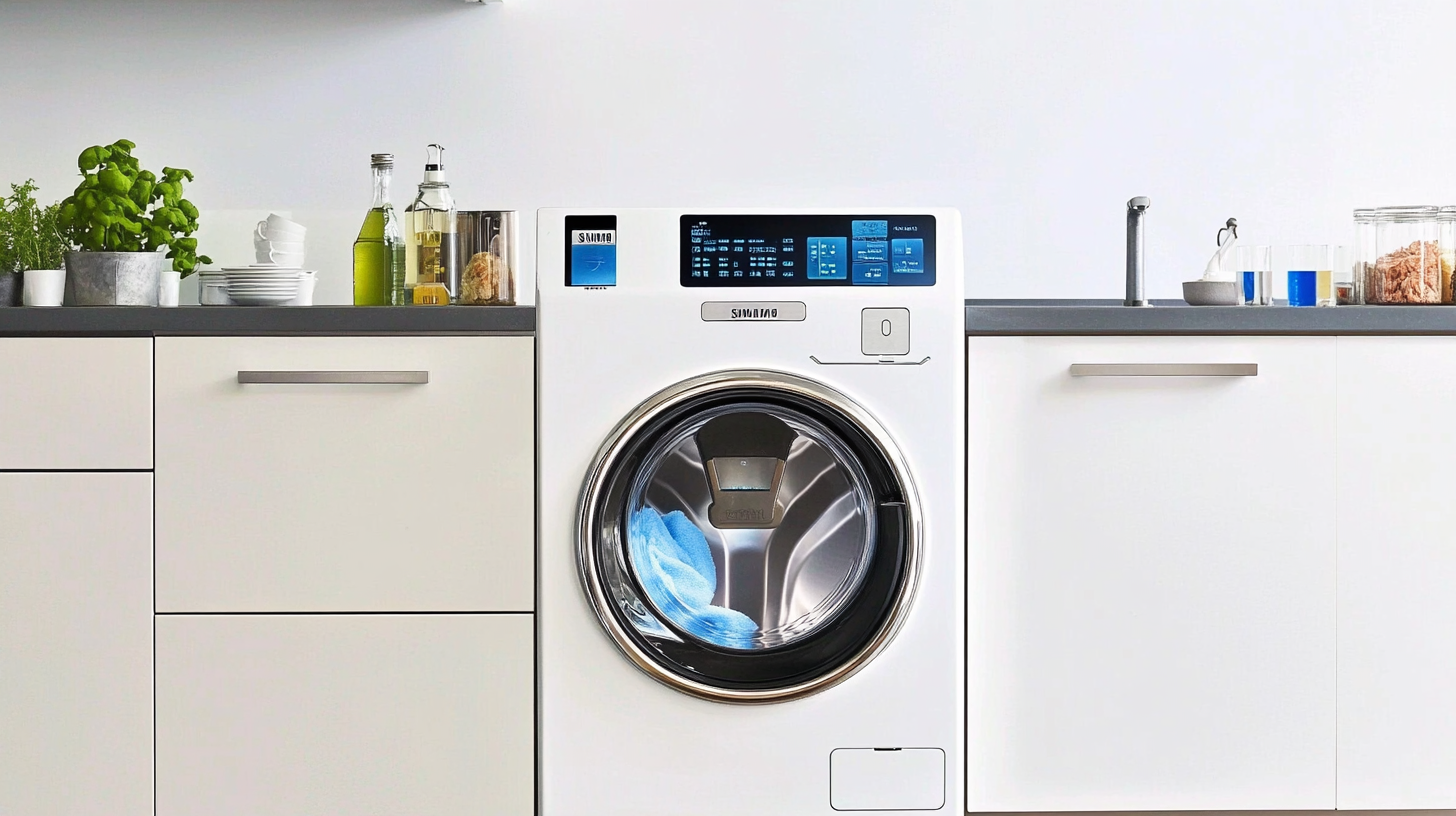 슬림하고 현대적인 주방에 놓여 있는 삼성 올인원 세탁기. 이 세탁기는 디지털 디스플레이와 크롬 악센트가 돋보이는 흰색 광택으로 고급스러움을 자아냅니다.
