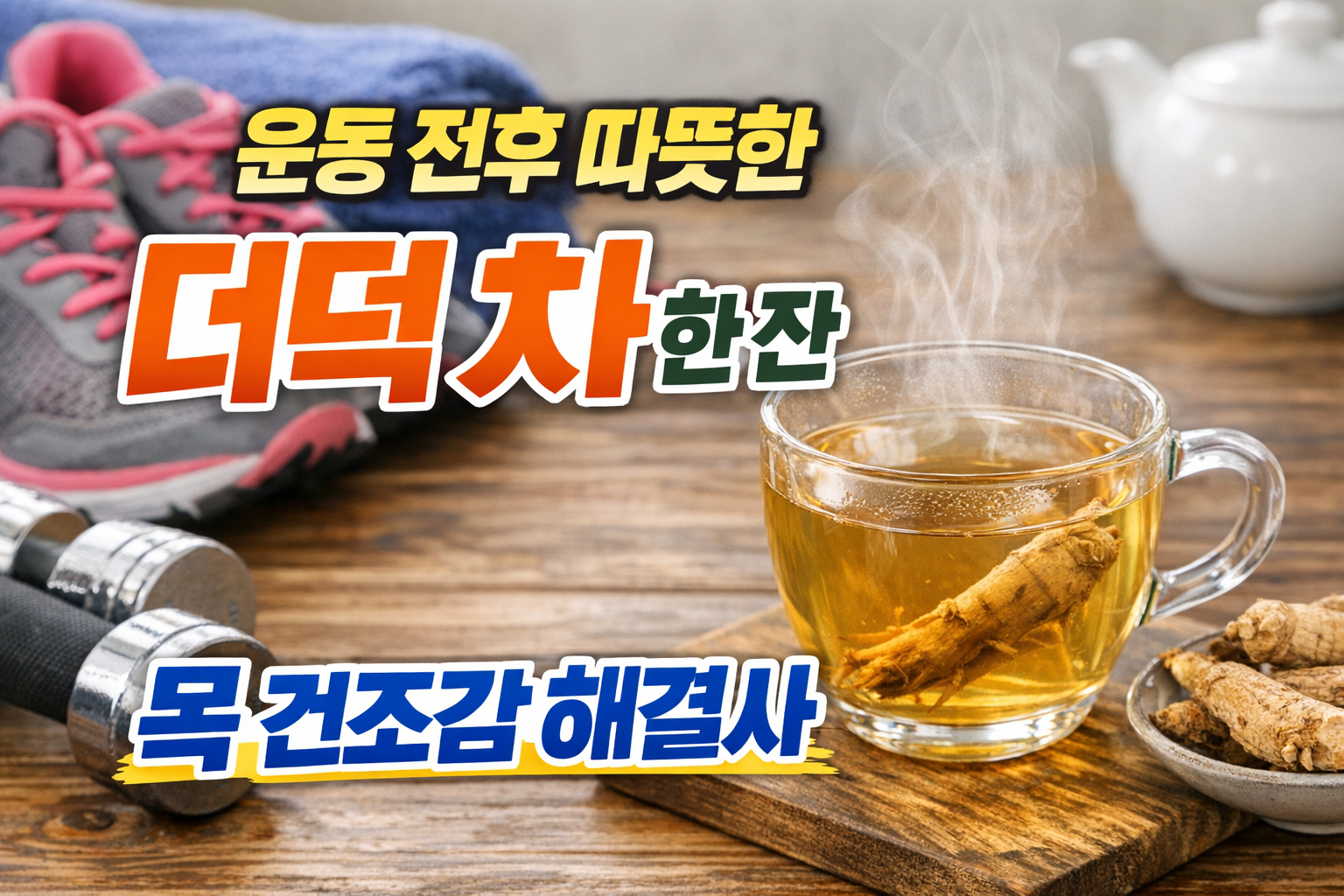 운동화와 덤벨 옆에 놓인 따뜻한 더덕차 한 잔, 운동 후 목 건조감과 기침 완화를 연상시키는 겨울 운동 회복 이미지