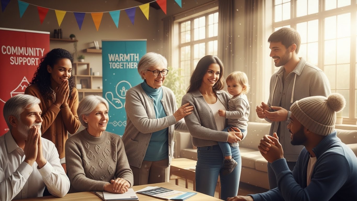 다양한 연령과 배경의 사람들이 함께 미소 지으며 따뜻한 공동체 안에서 난방비 지원 대상임을 상징하는 모습.