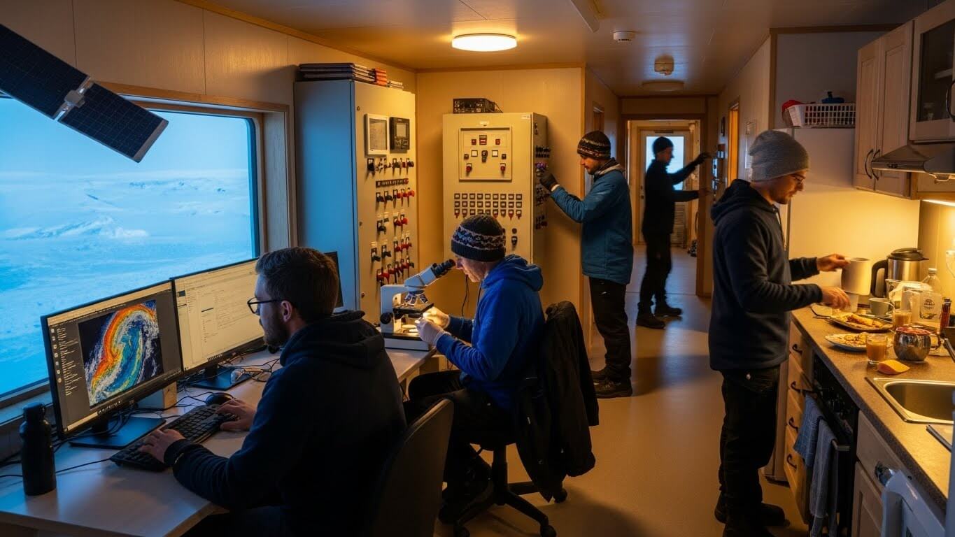 남극 연구소 내 직무별 역할과 하루 일과 관련 사진