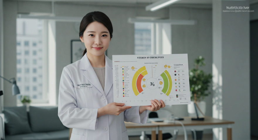 영양사가 병아리콩 성분표를 설명하는 모습