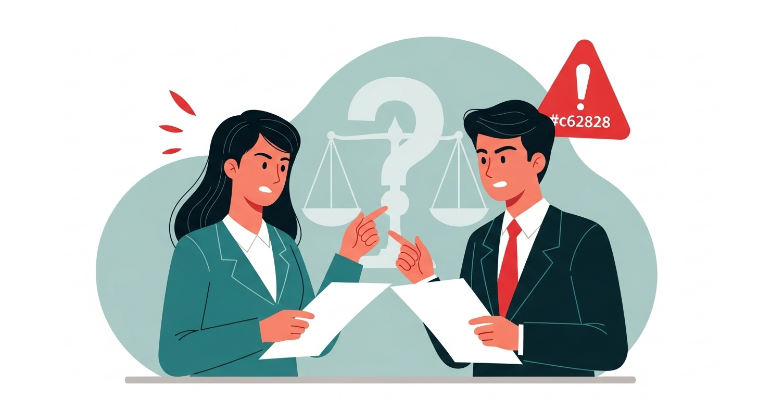 이직 사유를 두고 근로자와 사업주(또는 전문가)가 서류를 보며 논쟁하는 모습, 법적 다툼의 가능성을 상징.