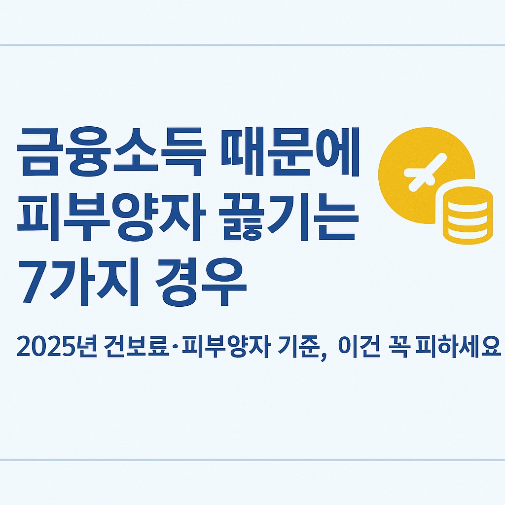 금융소득 때문에 건강보험 피부양자 자격이 탈락하는 7가지 케이스를 2025년 기준으로 정리한 글로, 예금이자&middot;배당&middot;ETF 분배금&middot;IRP 일시금 인출&middot;간주임대소득 등이 어떻게 건보료와 피부양자 유지에 영향을 주는지 설명하는 가이드