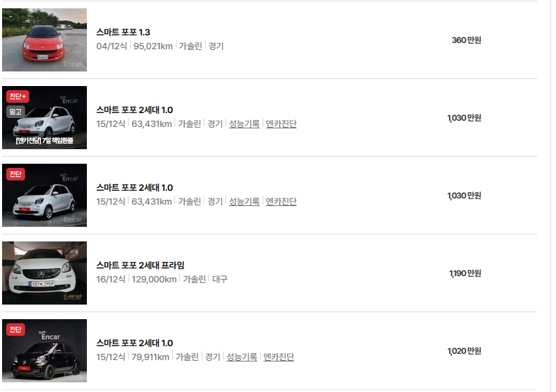 스마트 포포 중고차 가격 시세표 연비