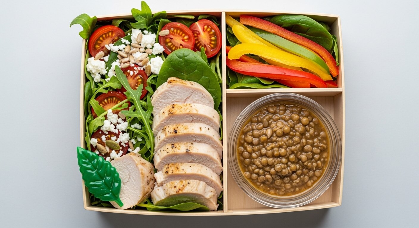 신선한 샐러드 채소와 닭가슴살, 방울토마토가 담긴 닭가슴살 샐러드 도시락과 렌틸콩 드레싱.