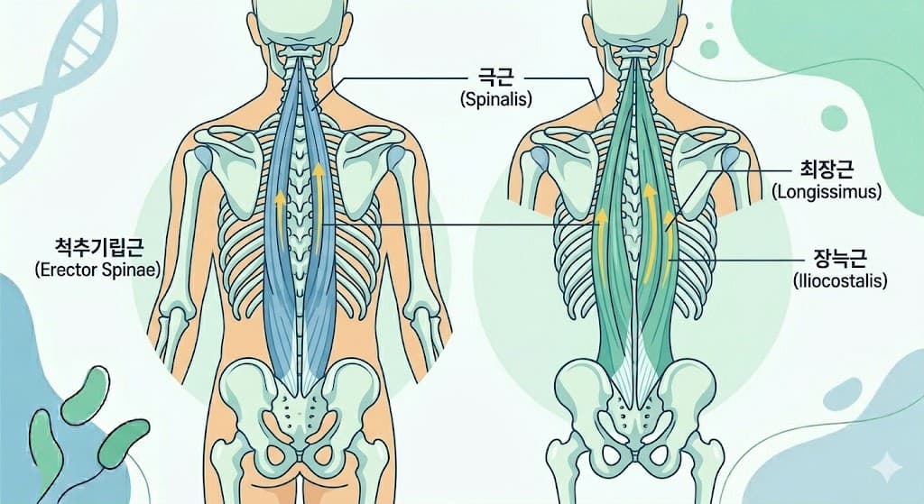 인간 등 근육 해부학 척추기립근 세 갈래 극근 최장근 장늑근 해부학 구조도 인포그래픽