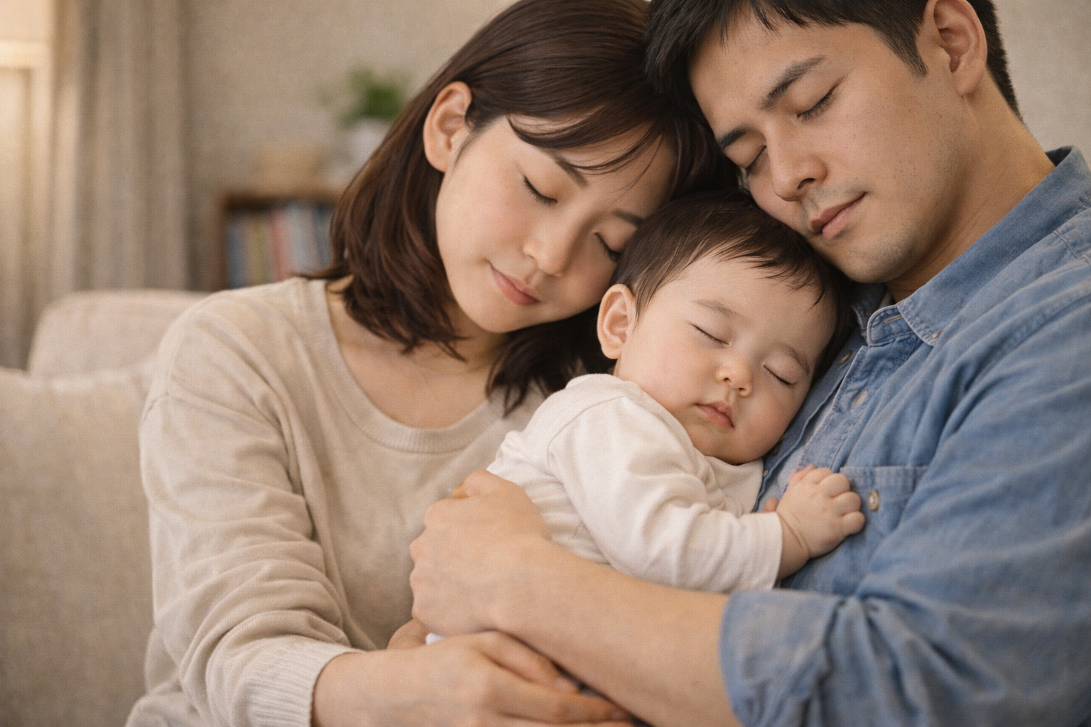 영아전환기 잠들기 어려워하는 아기를 안고 있는 부모 모습