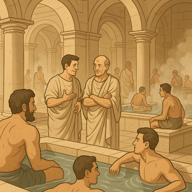 고대 로마의 공중목욕탕 테르마에 내부 – 넓은 대리석 욕조와 증기탕, 담소를 나누는 시민들의 모습