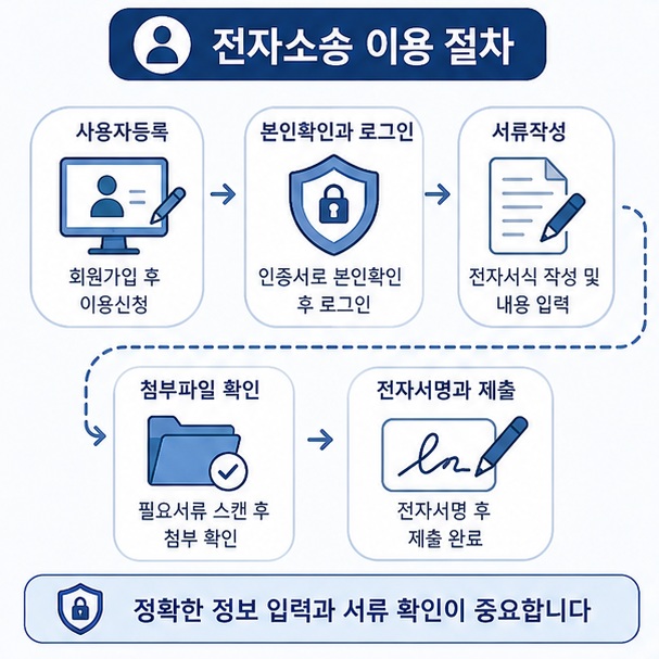 사용자가 사용자등록과 본인확인을 거쳐 소송서류를 작성하고 첨부파일을 확인한 뒤 전자서명으로 제출하는 과정을 보여 주는 그림