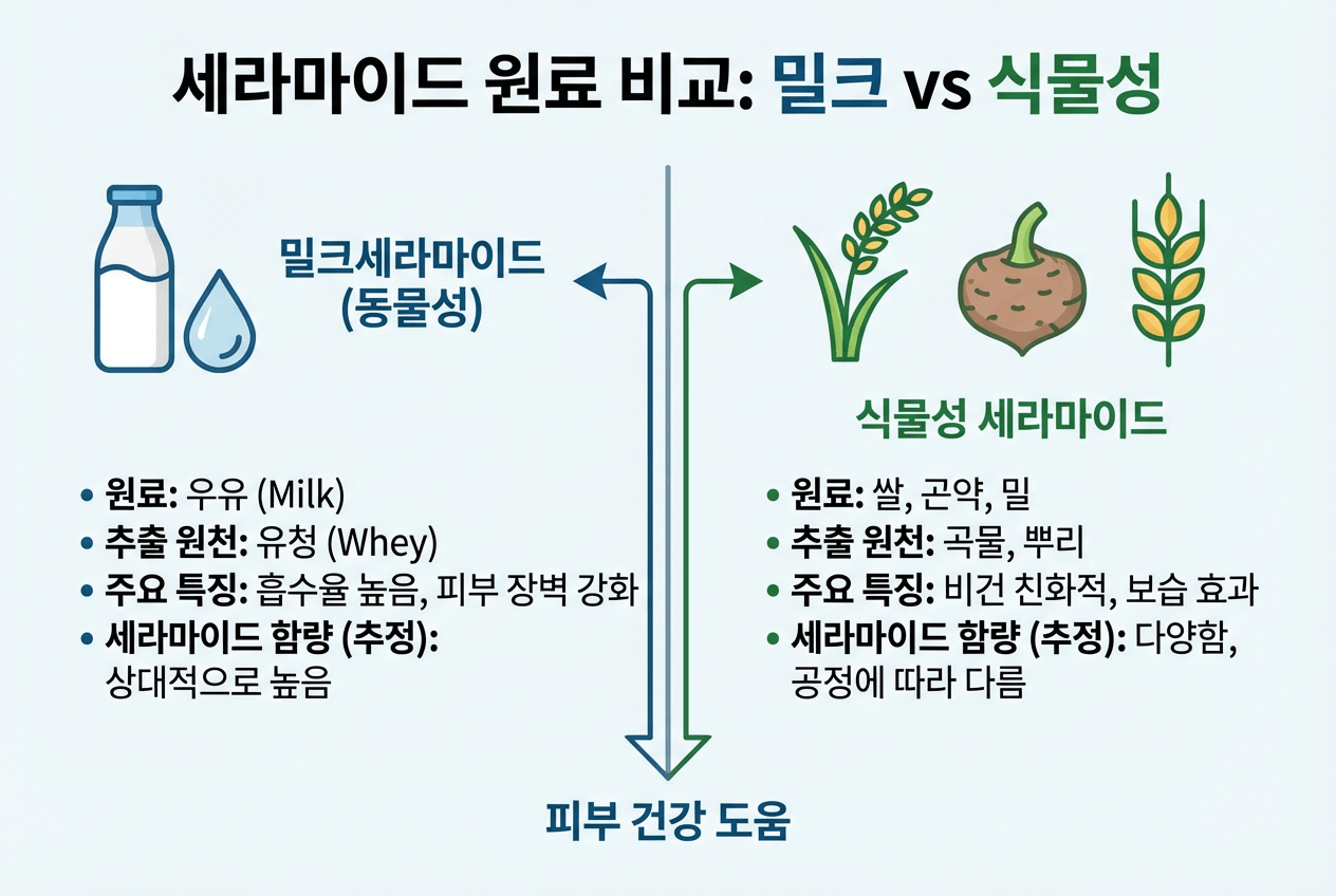 밀크세라마이드와 식물성 세라마이드 원료 비교 인포그래픽, 우유와 쌀 곤약 밀 아이콘을 나란히 배치한 깔끔한 디자인