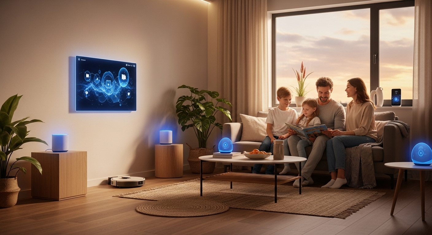 AI 기술이 통합된 스마트홈 환경에서 가족이 편안하게 생활하는 모습