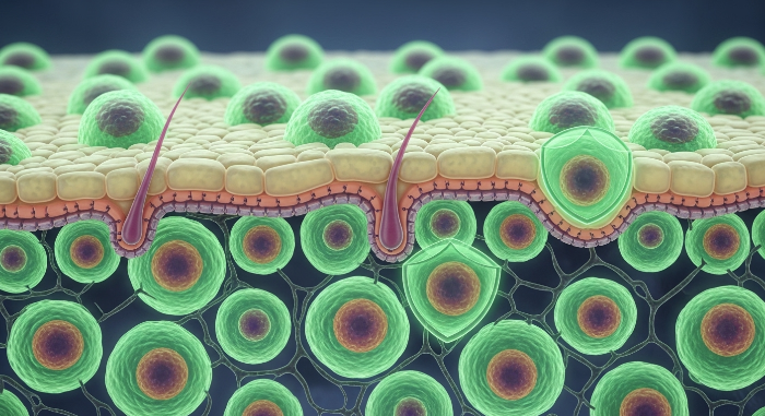 건강한 피부 세포가 튼튼한 피부 장벽을 이루고 염증으로부터 보호받는 모습을 확대한 과학적 일러스트.