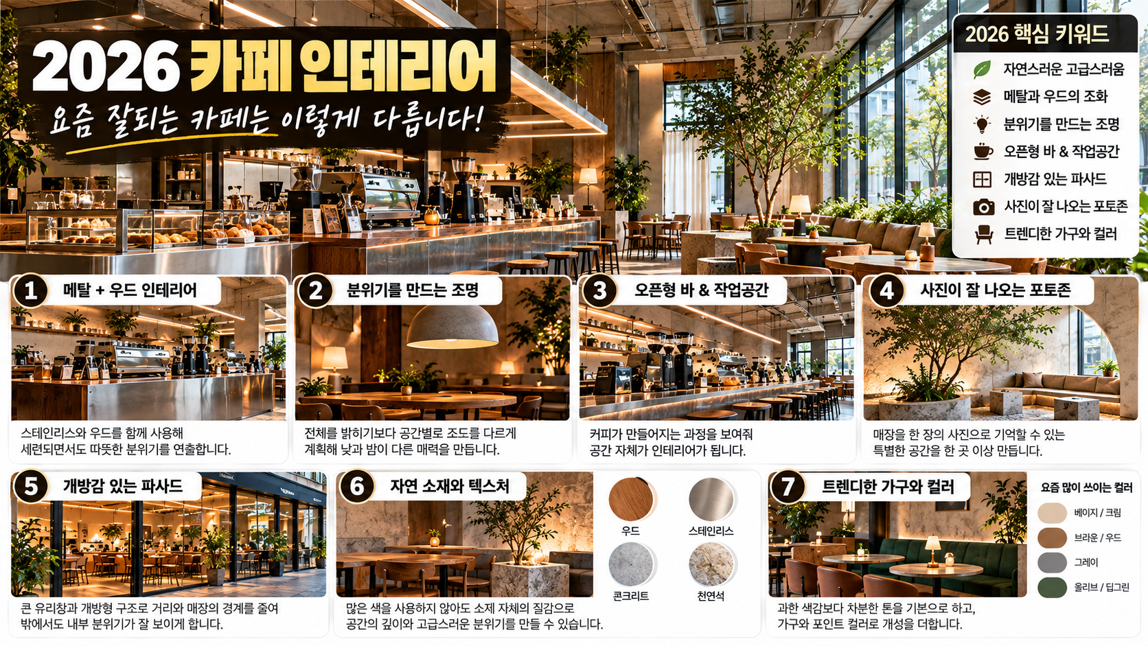 2026 카페 인테리어 트렌드인 메탈과 우드 조합, 분위기 조명, 오픈형 바, 포토존, 개방형 파사드, 자연 소재와 가구 컬러를 정리한 이미지