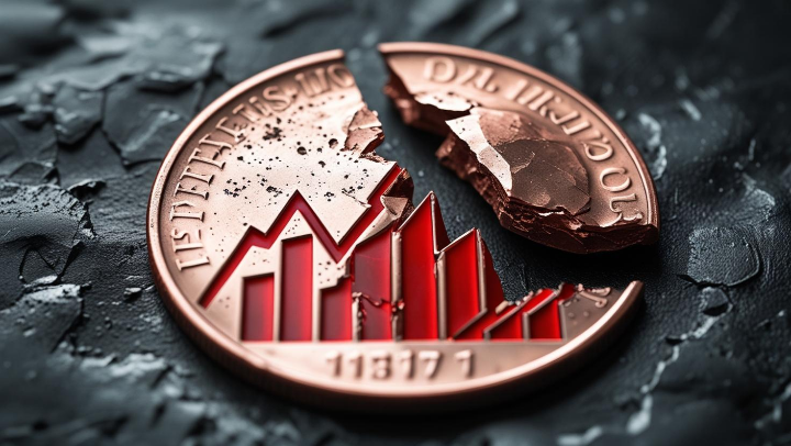 가상화폐 폭락을 상징하는 깨진 비트코인과 하락 그래프 이미지