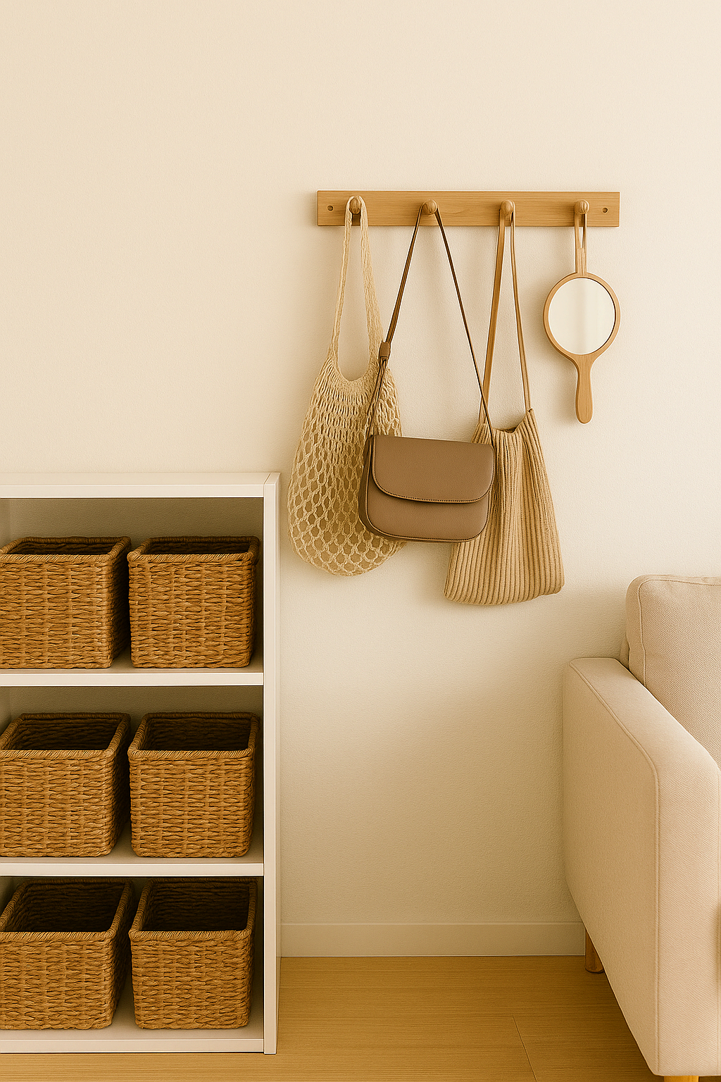 거실 선반 위 라탄 바구니와 벽면 후크에 소품이 걸린 모습