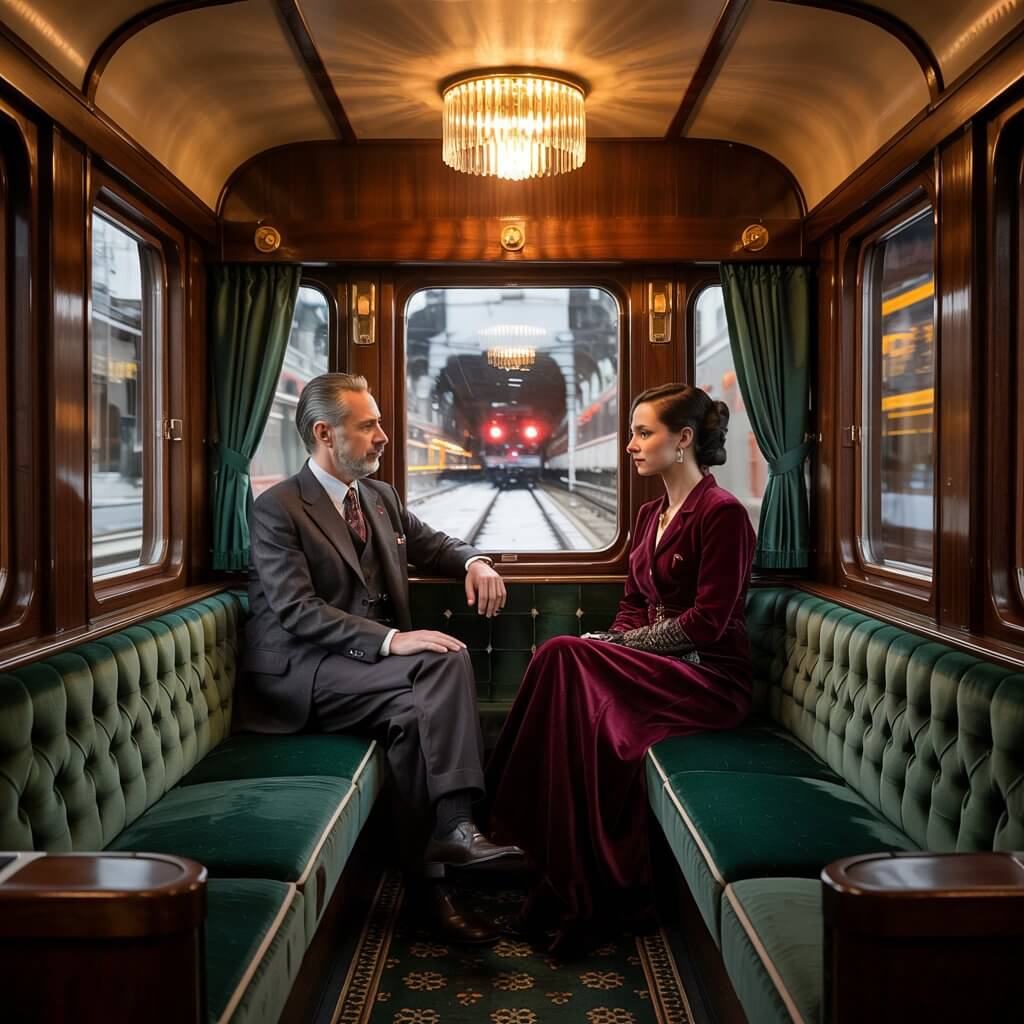 고급 열차 내부에서 서로 마주 보고 앉은 남성과 여성, 클래식한 분위기의 오리엔트 특급 열차 장면