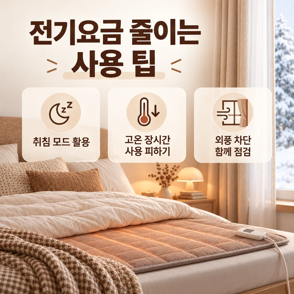 전기장판 취침모드 활용, 고온 장시간 사용 방지, 침실 외풍 차단 등 전기요금 절약 방법 이미지