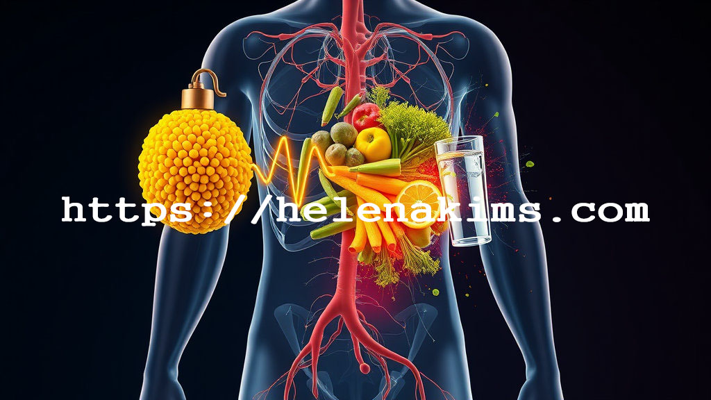 사람 인체 내부에 왼쪽에는 중성지방을 표현했고 오른쪽에는 싱싱한 과일과 채소, 물 등의 모습.