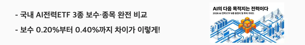 AI전력ETF 비교: '국내 AI전력ETF 3종 보수&middot;종목 완전 비교, 보수 0.20%부터 0.40%까지 차이가 이렇게!'라는 문구가 포함된 웹배너 이미지. 이 이미지는 KODEX&middot;RISE&middot;TIGER 국내 AI 전력 ETF의 보수와 편입종목 차이를 시각적으로 전달하며, 블로그의 국내 AI 전력 ETF 비교와 관련된 내용을 설명함