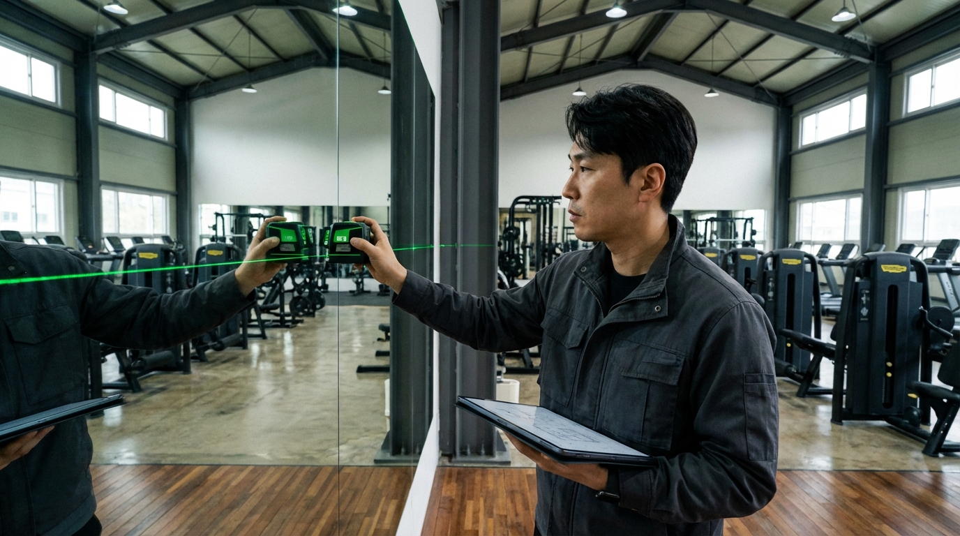 서울의 현대식 헬스장에서 전문 시공자가 레이저 수평계를 활용해 전신 거울의 수평과 왜곡 여부를 정밀하게 검수하는 모습
